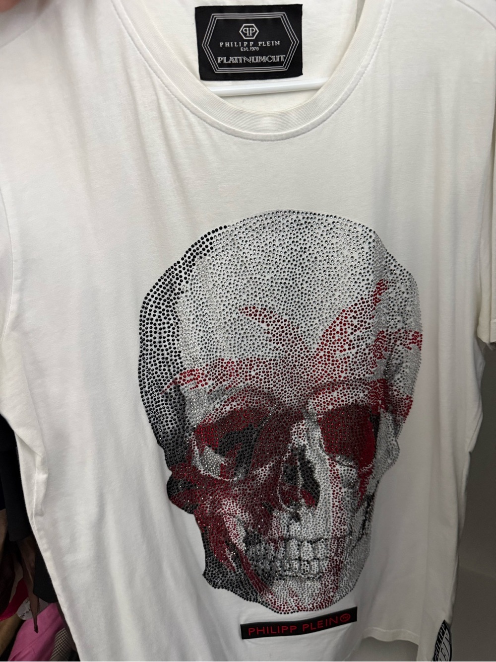 Philipp Plein White Short Sleeve Tee with Black and Red Skull Graphic